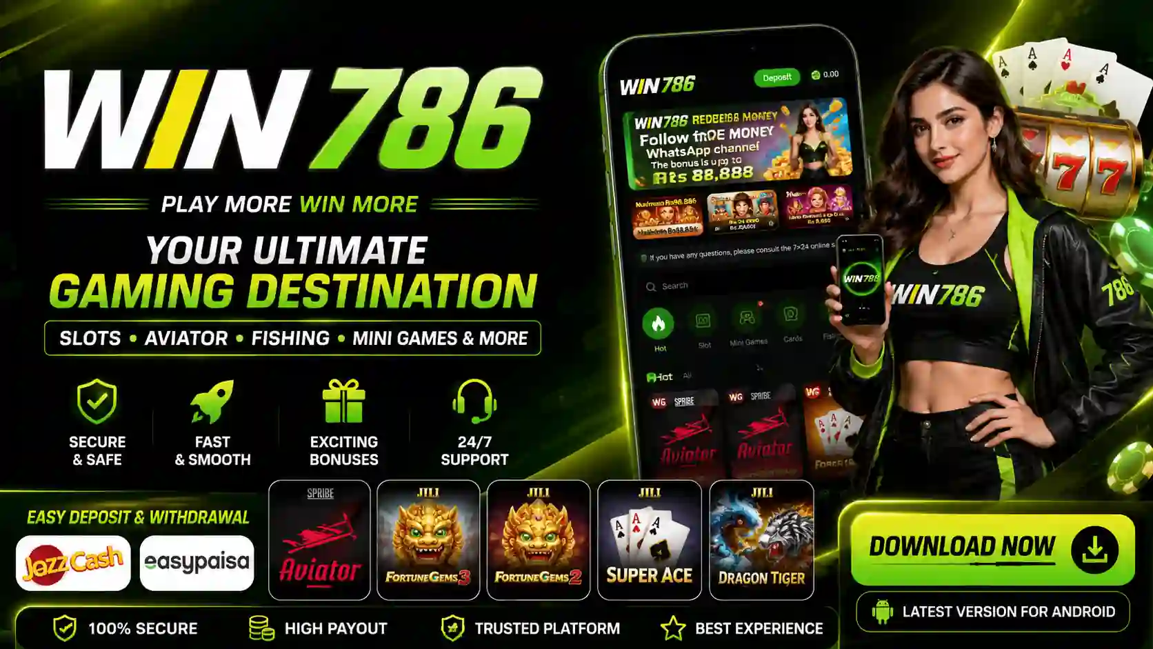WIN786 Game interface showing homepage promotions dashboard and Android navigation