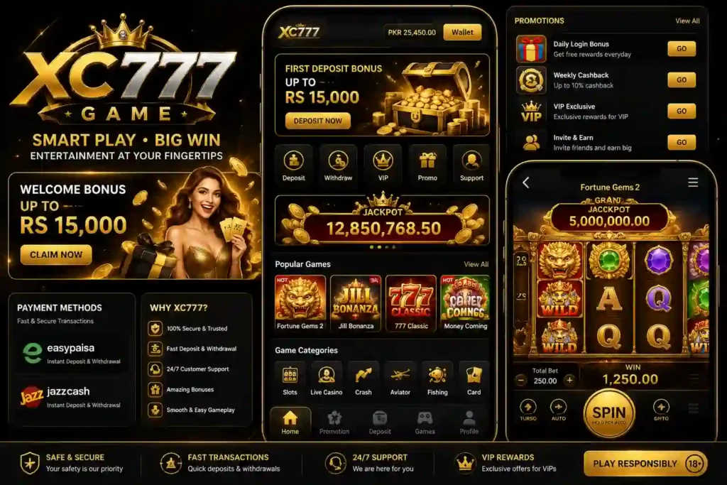 XC777 Game interface showing welcome bonus slot games jackpot dashboard and Android gaming app layout