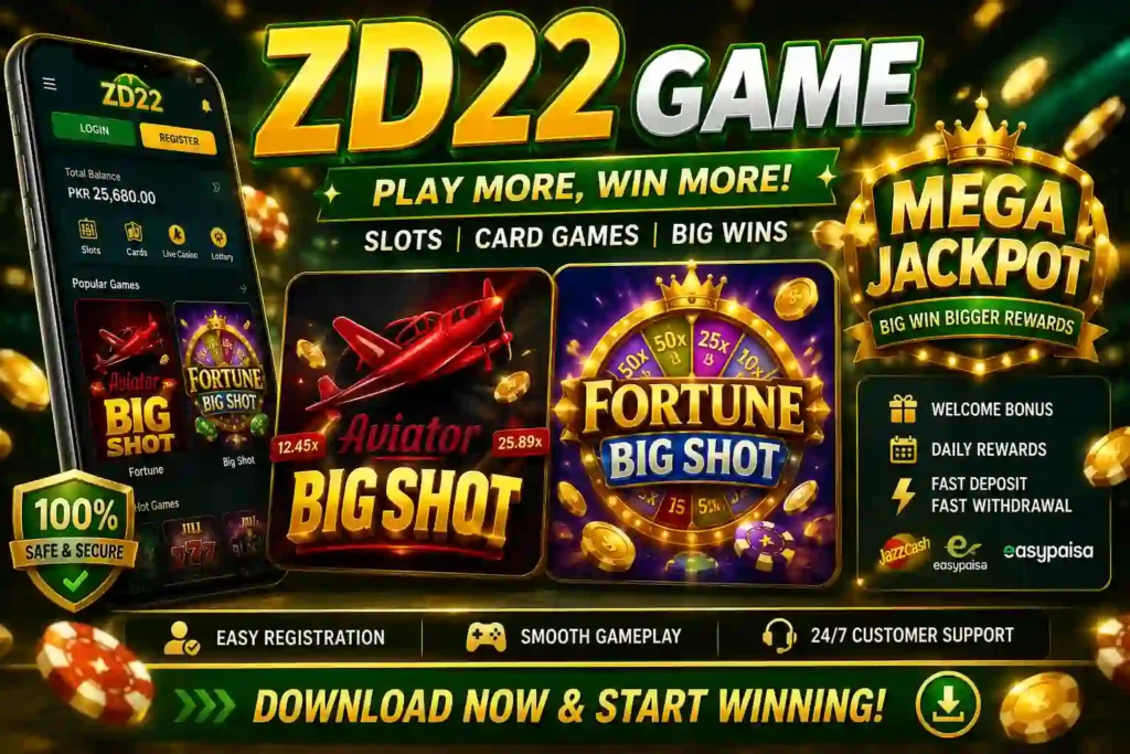 ZD22 Game promotional banner showing Aviator Big Shot and Fortune Big Shot with welcome bonus and Android APK download