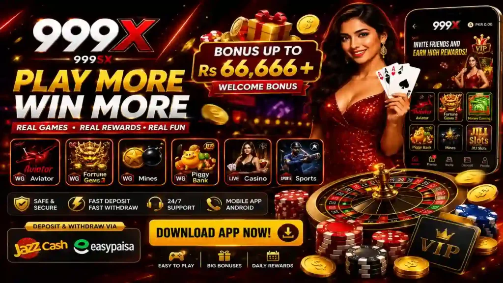 999X Game Pakistan banner showing casino games and mobile gaming features
