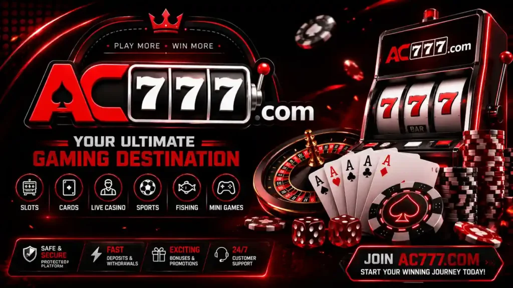 AC777 Game banner with slots cards roulette and casino games
