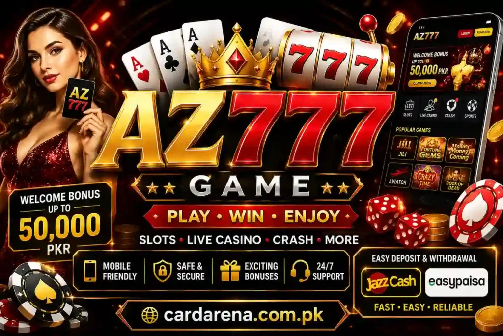 AZ777 Game feature banner showing its Android gaming platform, casino-style games and mobile features