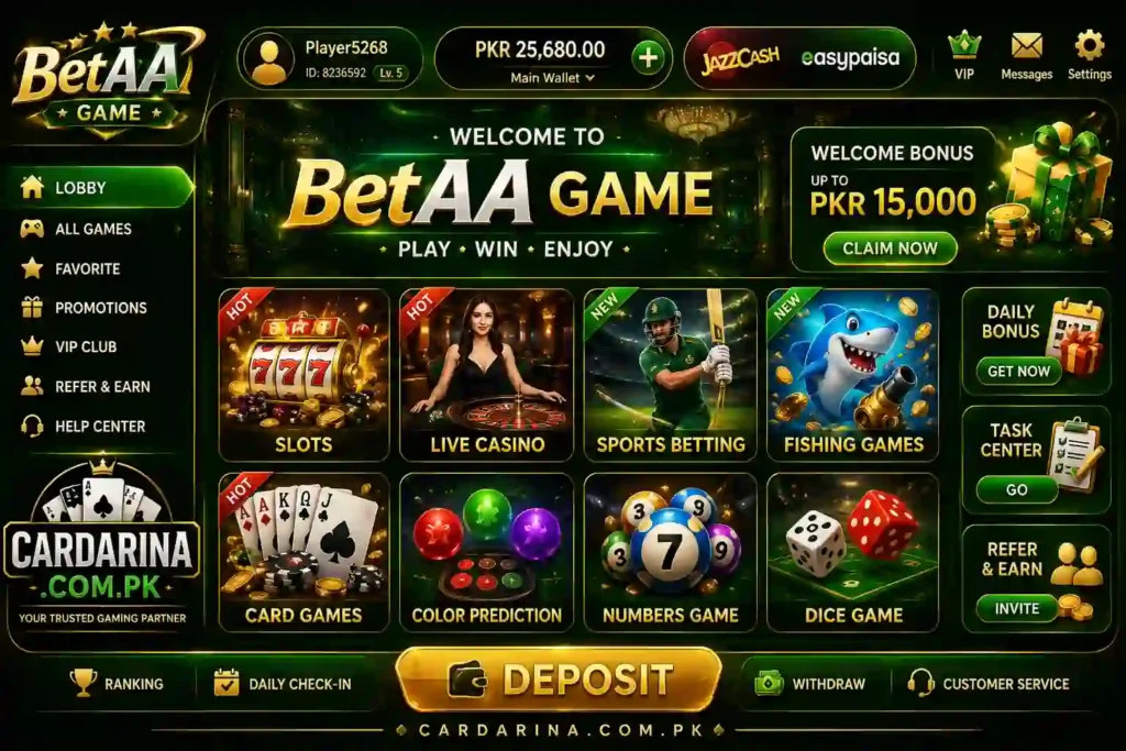 BetAA Game main lobby with casino games and payment options