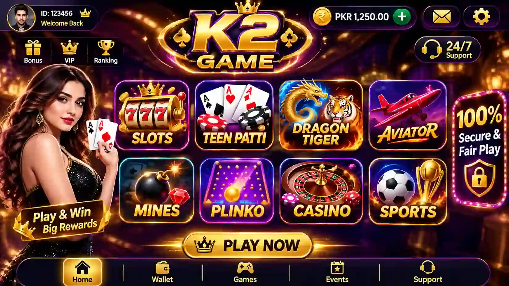 K2 Game APK banner showing popular gaming categories