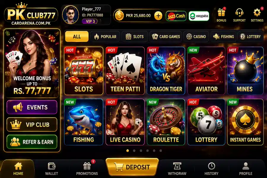 PK Club777 Game main lobby showing available games