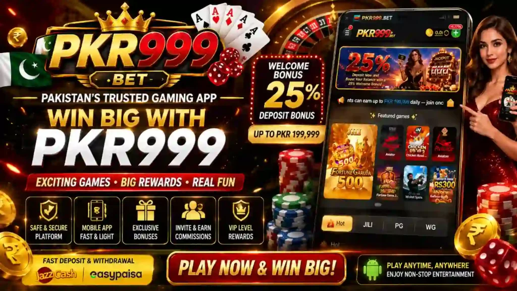 PKR999 Game Pakistan banner showing casino games and mobile gaming platform