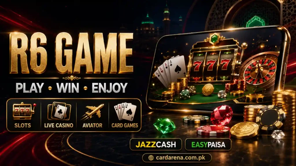 6R Game review banner showing slot games, casino updates, welcome rewards and APK download.