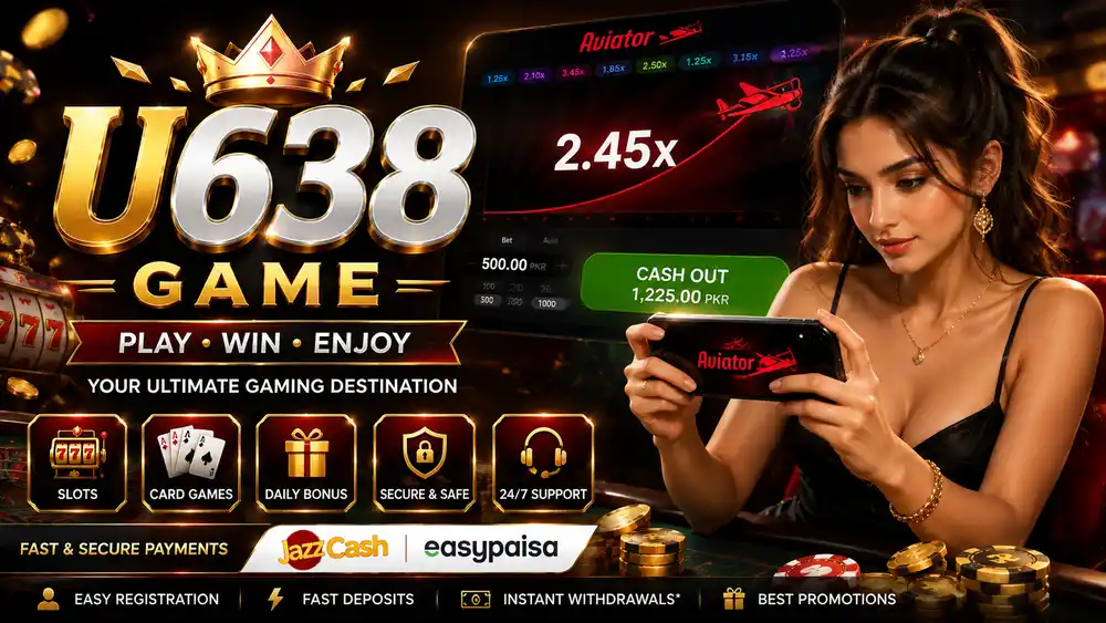 U638 Game banner showing Aviator gameplay and casino games