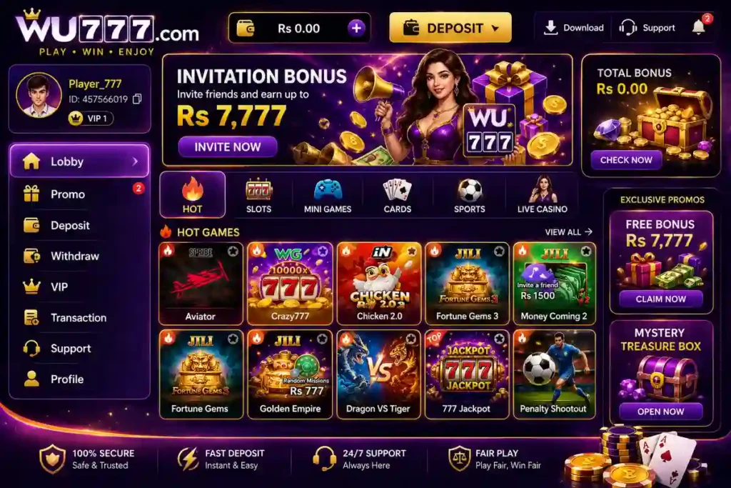WU777 Game main lobby showing games and promotions