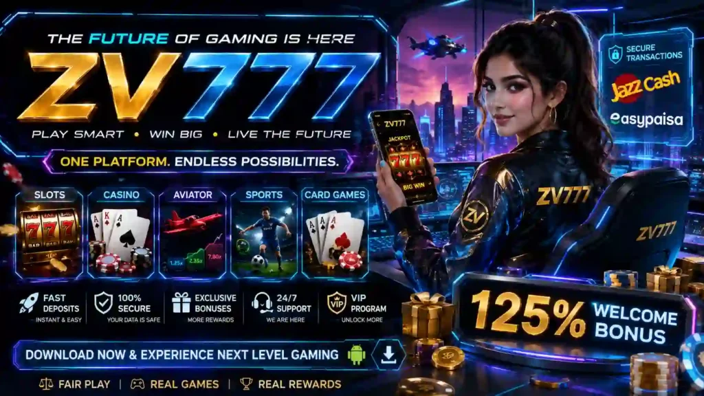 ZV777 Game banner with casino games and mobile gaming features