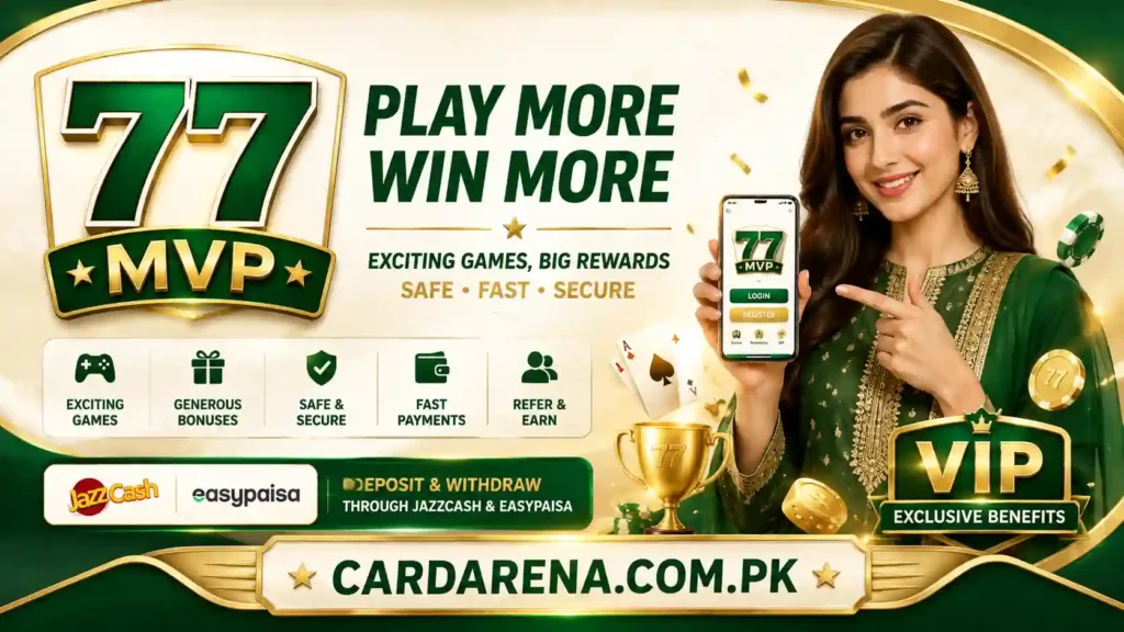 77MVP Game promotional banner for CardArena.com.pk